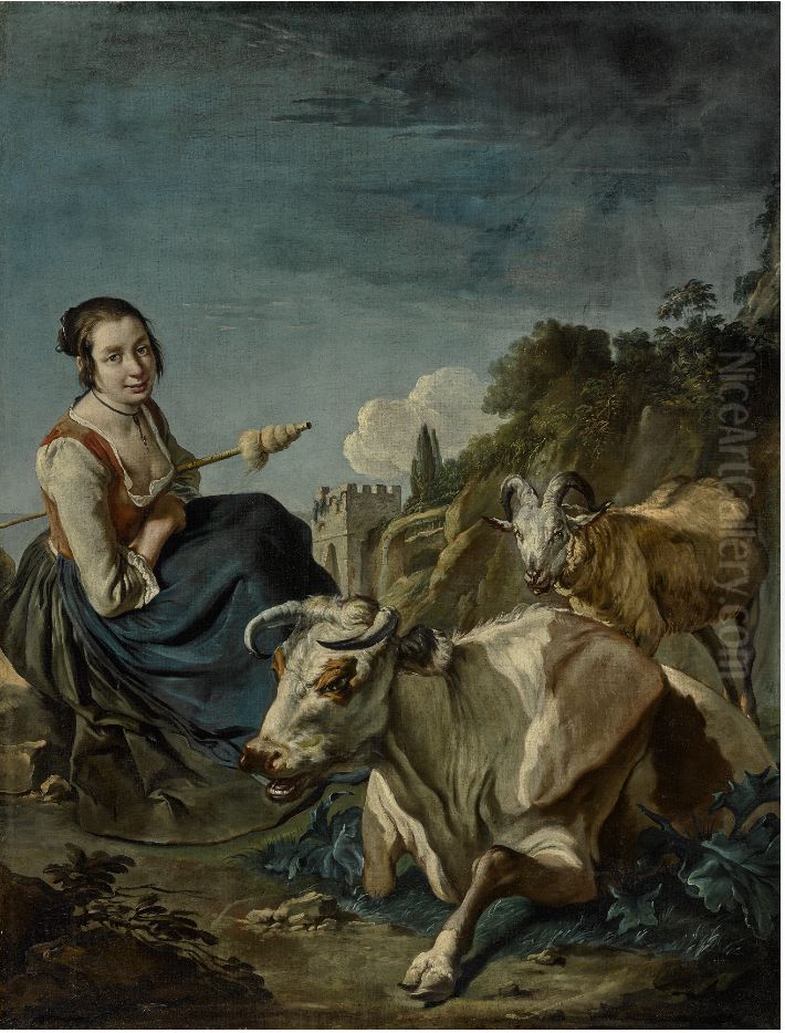 A Girl with Cow and a Sheep in a rocky Landscape Oil Painting by Giacomo Ceruti