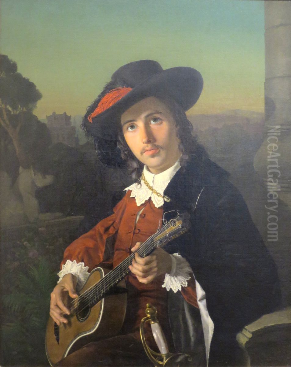 A Guitar Player Oil Painting by Nikolai Nevrev
