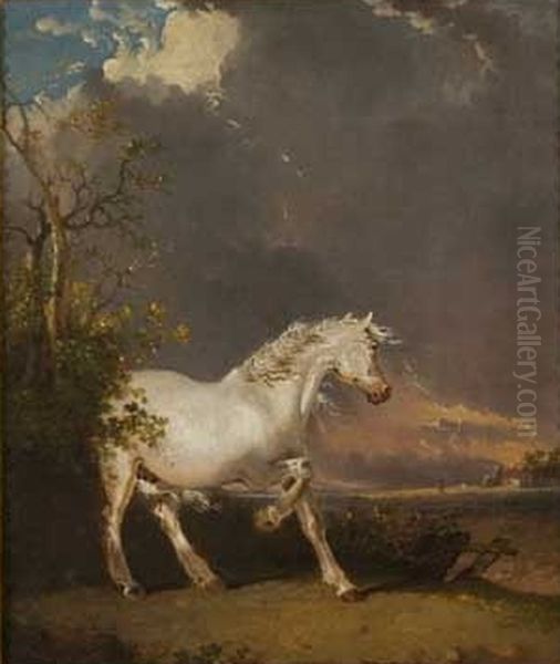A horse in a landscape startled by lightning Oil Painting by James Ward