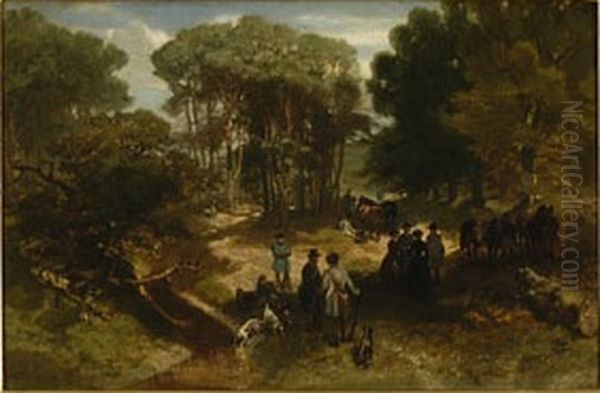 Jagershalte in een bos. Oil Painting by Charles Rochussen