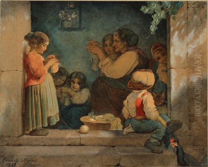 A knitting lesson Oil Painting by Ernst Meyer