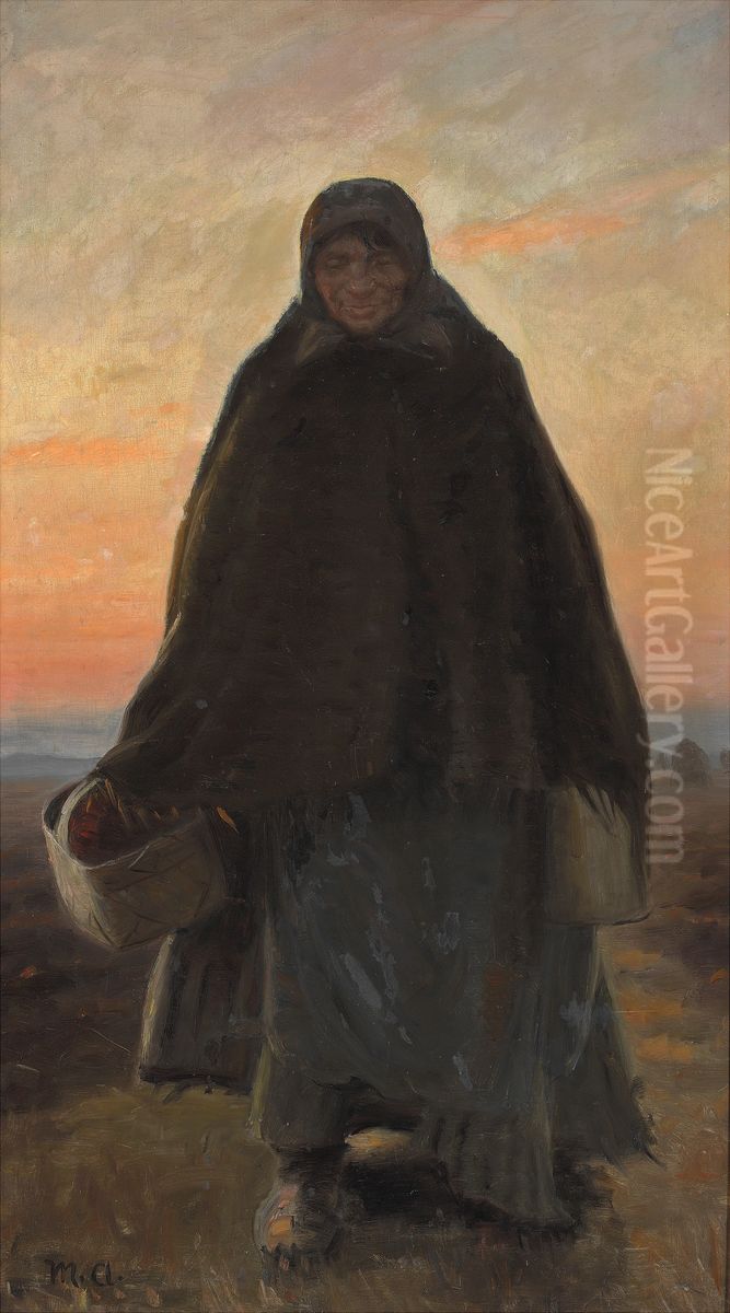 Merry Elsie walking home across the heath in the evening light. Oil Painting by Michael Peter Ancher
