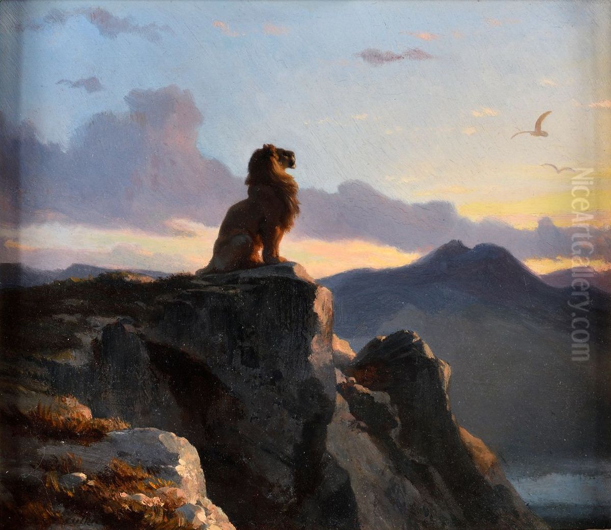 A lion sitting on the edge of a cliff. Oil Painting by unknown