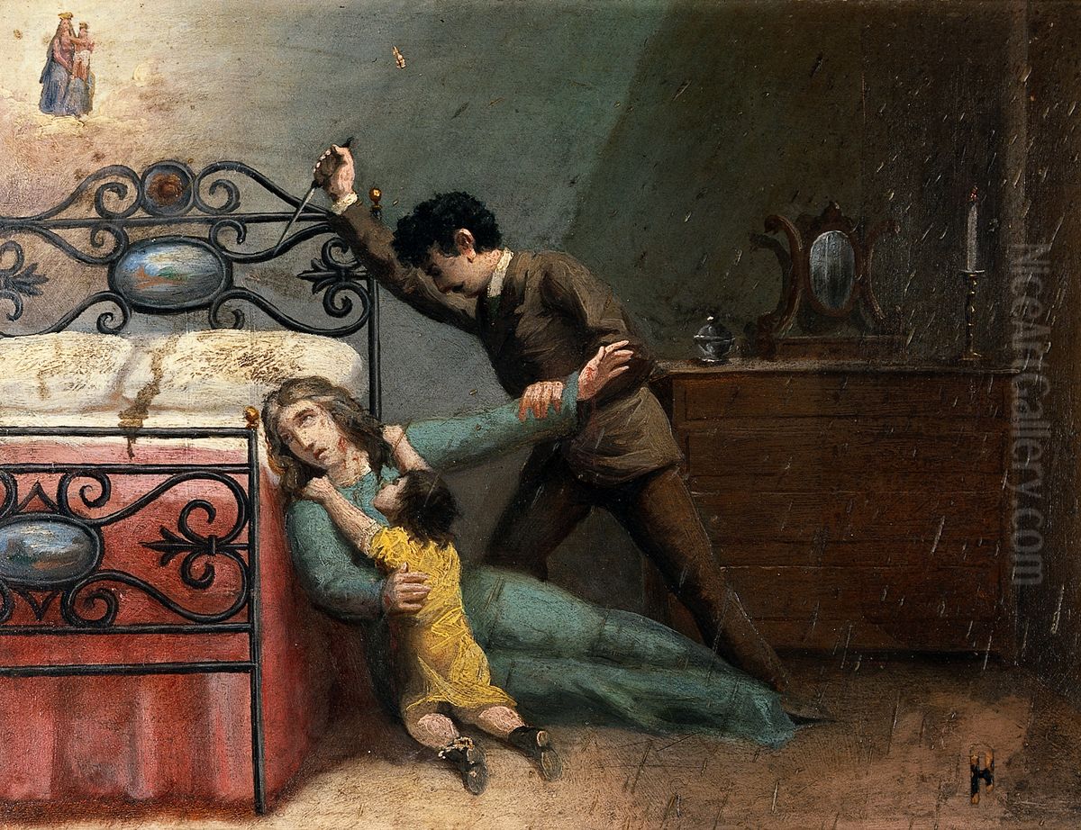 A man stabbing a woman with a stiletto. Oil Painting by unknown