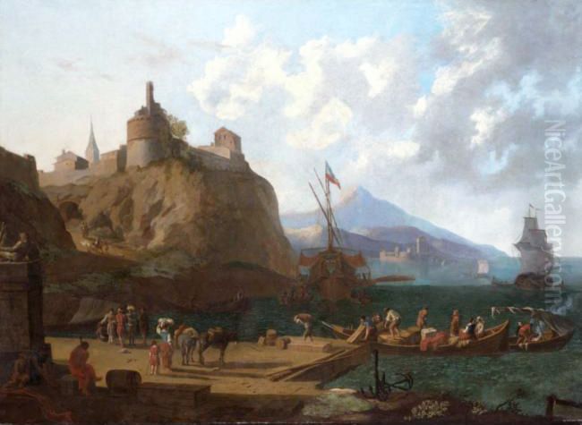 A mediterranian harbour scene beneath a fort Oil Painting by Adriaen Van Der Cabel