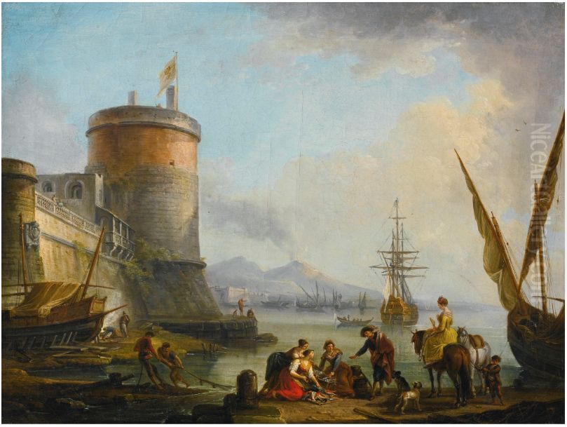A MEDITERRANEAN HARBOUR SCENE WITH FISHMONGERS AND AN ELEGANT LADY ON HORSEBACK, SHIPPING AND FISHERMEN NEARBY A FORTIFIED QUAY Oil Painting by Jean-Baptiste Lallemand