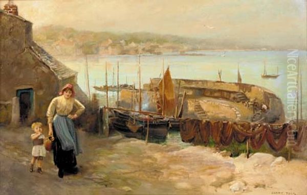 A Mother and Child Before Newlyn Harbour Oil Painting by Harry Tuck