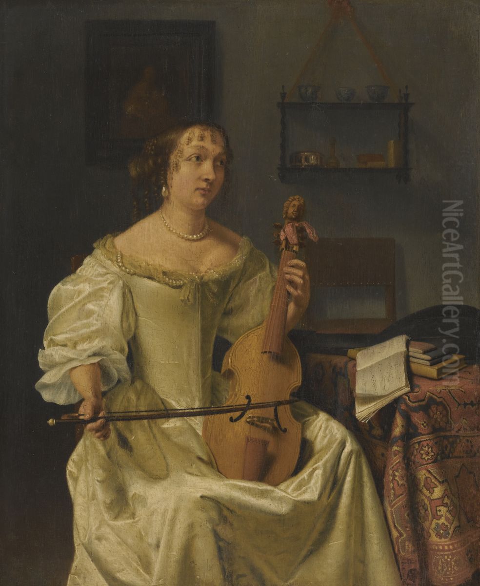 A lady elegantly attired in a silk dress playing a treble viola da gamba in an interior Oil Painting by Caspar Netscher