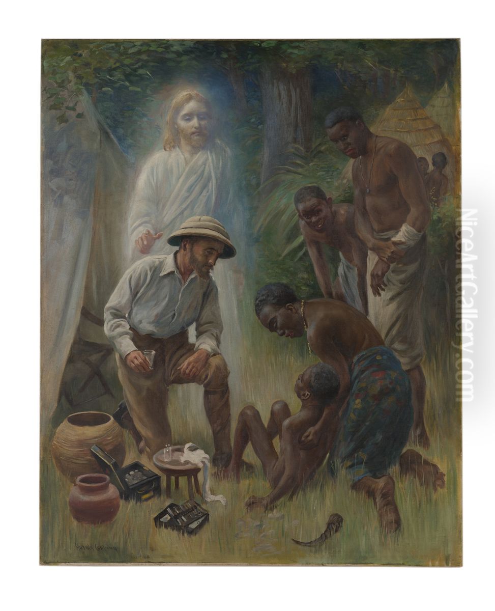 A medical missionary attending to a sick African. Oil Painting by Harold Copping