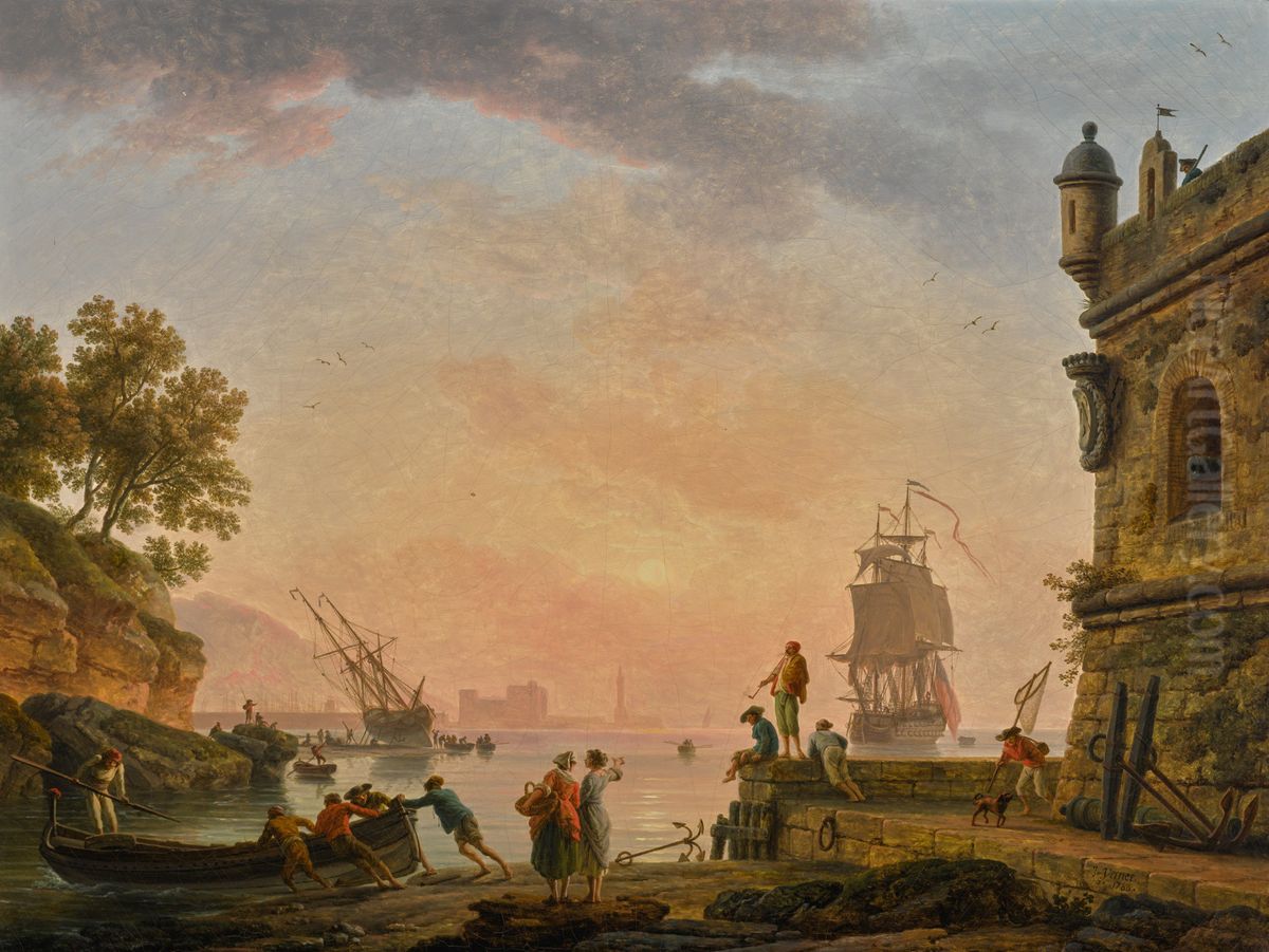 A Mediterranean harbour scene at sunset, with fishermen pushing off a rowing boat beside a fortress, a British warship beyond Oil Painting by Joseph Vernet