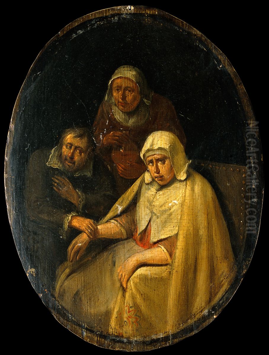 A man taking a woman's pulse. Oil Painting by Egbert Van Heemskerck