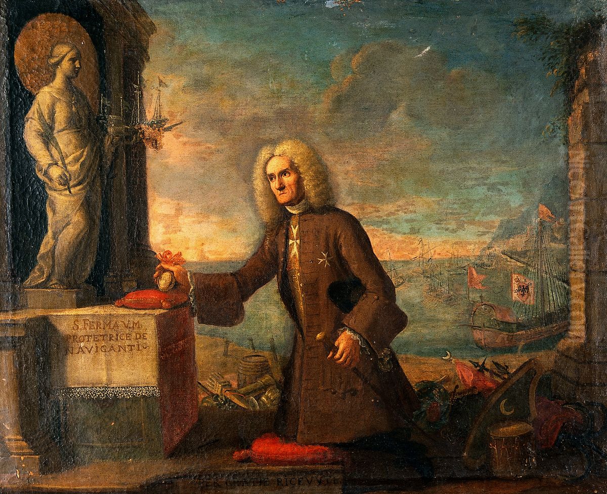 A man presenting a votive offering to Saint Ferma, protector of navigators. Oil Painting by unknown