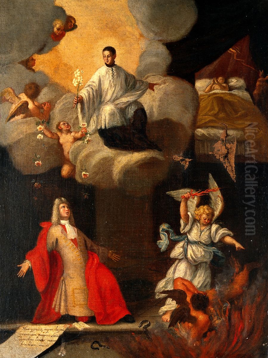 A man praying to a saint to assist in the cure of a sick child, devils departing. Oil Painting by unknown