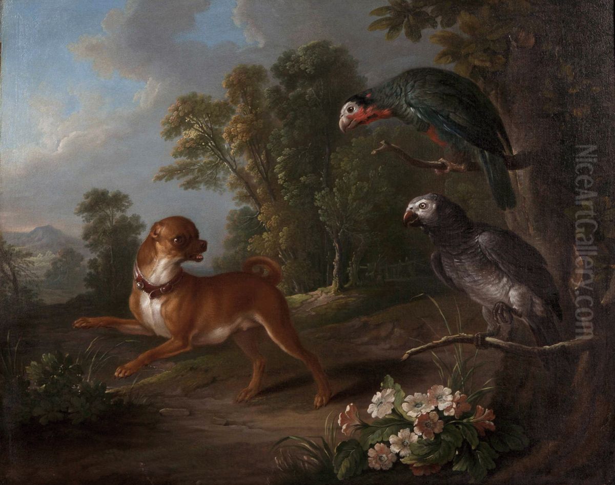 A miniature pug and two African grey parrots in a landscape Oil Painting by Christophe Huet