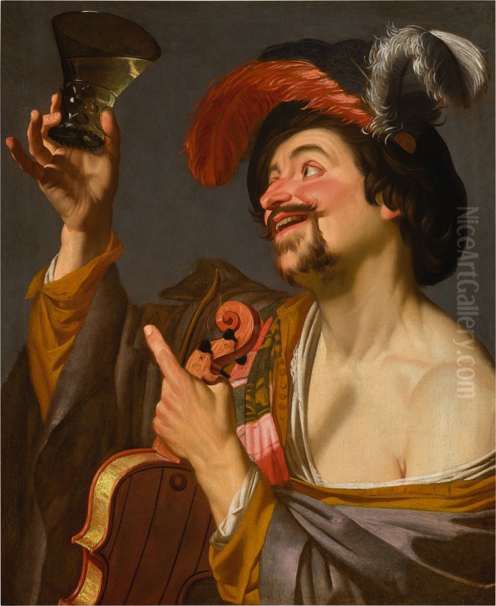 A merry violinist holding a roemer Oil Painting by Gerard van Honthorst