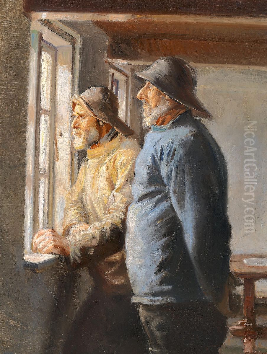 Two fishermen of Skagen watching the sea through a window. Oil Painting by Michael Peter Ancher