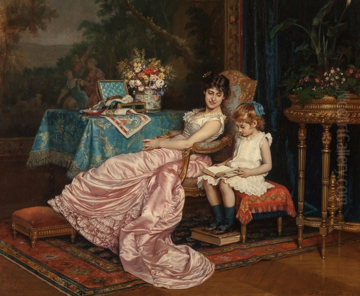 A mother and daughter reading Oil Painting by Toulmouche Auguste