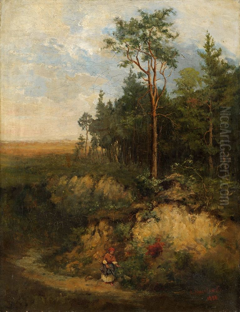Krajobraz lesny z wedrujaca kobieta. Oil Painting by Aleksander Mroczkowski