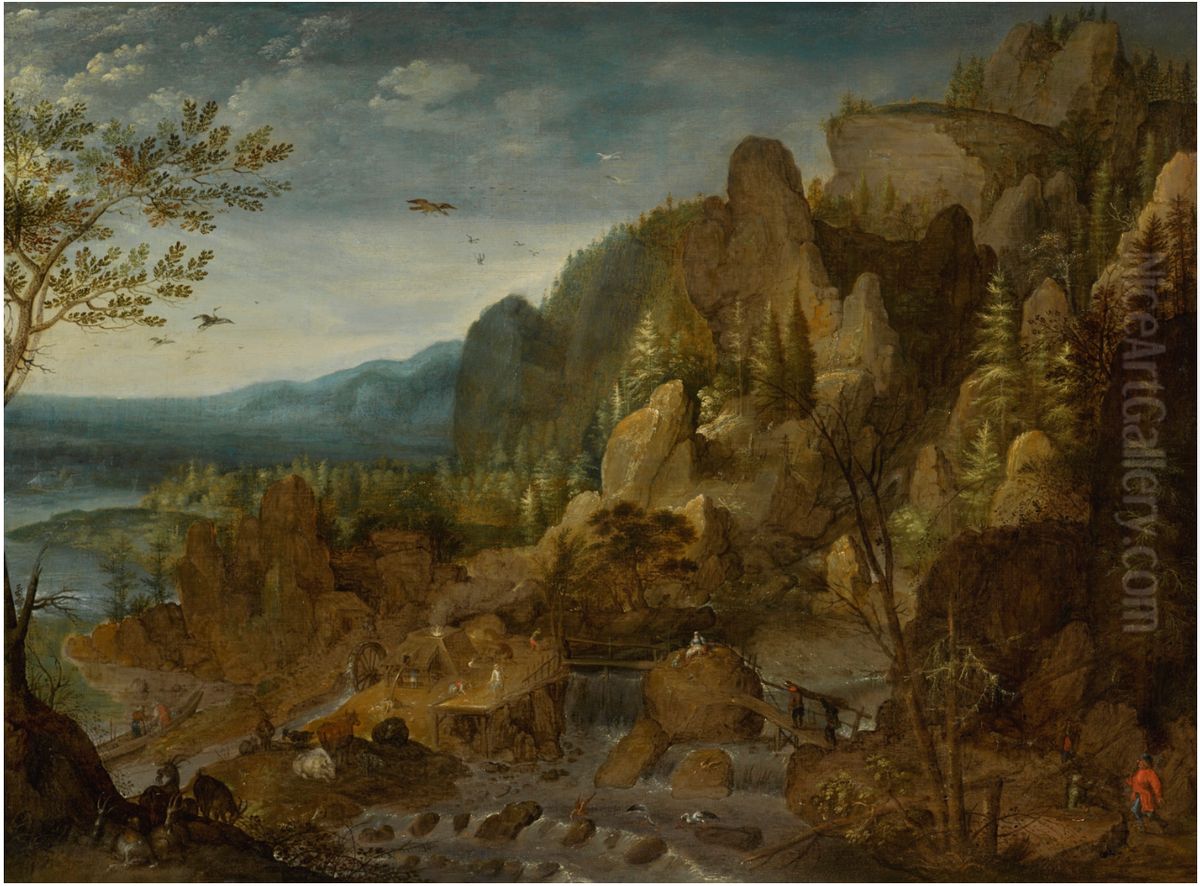 A Mountainous Landscape with a Foundry and Blast Furnace by a Cascading Waterfall Oil Painting by Roelant Savery