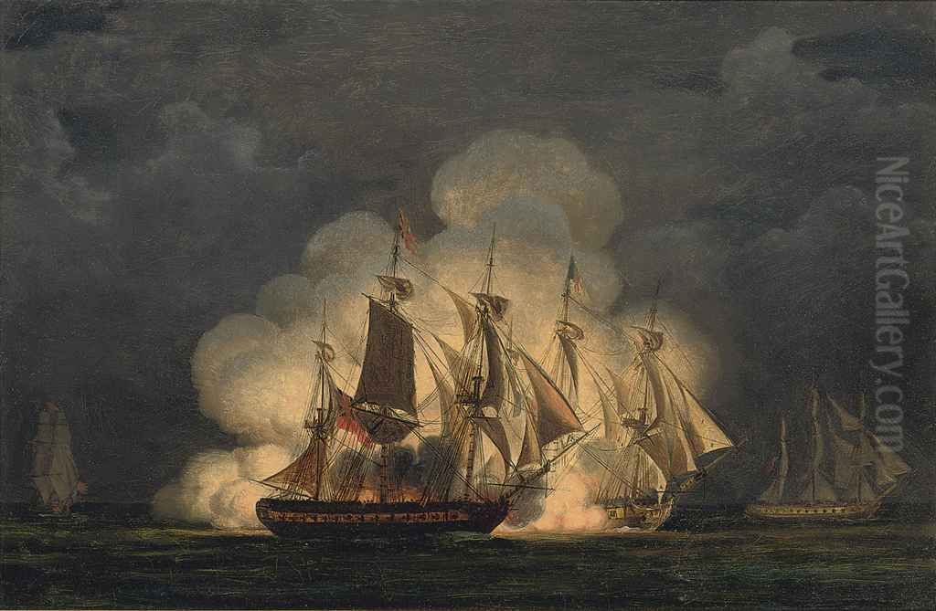 A naval engagement at night, thought to be an action between H.M.S. Junon and the French frigates Renommee and Clorinde in the West Indies, 13th December 1809 Oil Painting by unknown