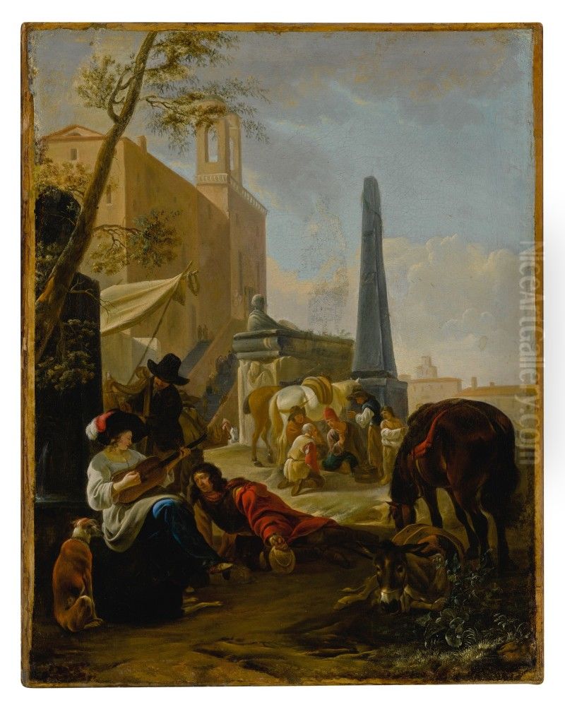 A musical party at the Church of S. Trinita dei Monti, Rome Oil Painting by Hendrik Verschuring