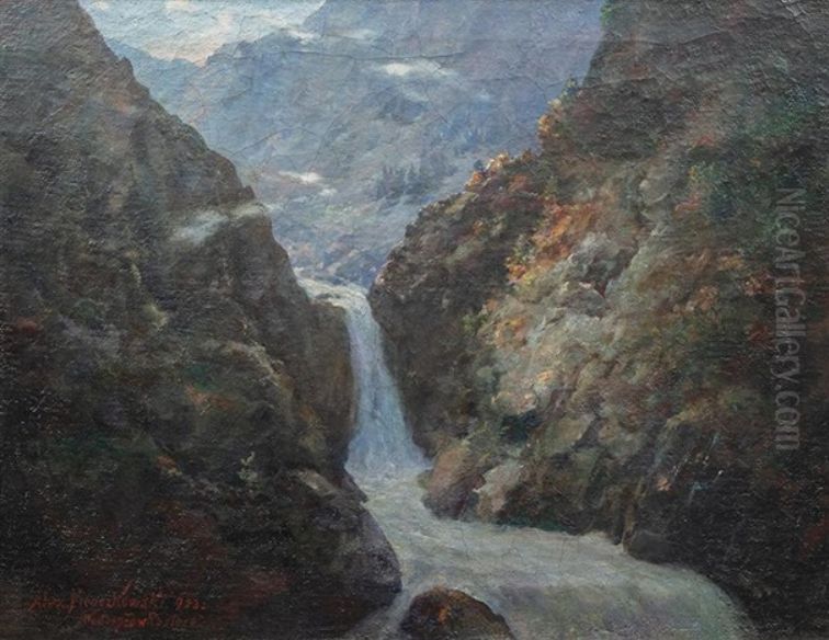Wasserfall in Roztoka. Oil Painting by Aleksander Mroczkowski