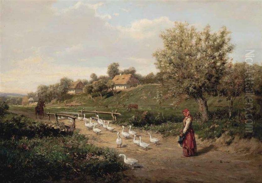 Droving geese across a bridge. Oil Painting by Aleksander Mroczkowski