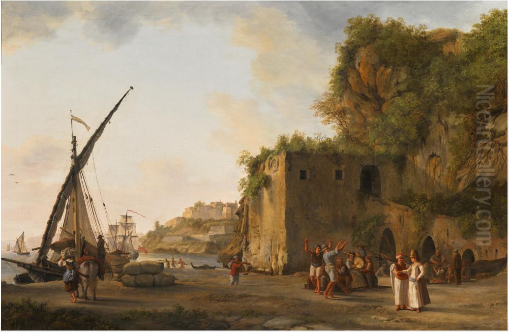 A port with Maltese merchants and sailors, the fort of Gaeta beyond Oil Painting by Abraham-Louis-Rodolphe Ducros