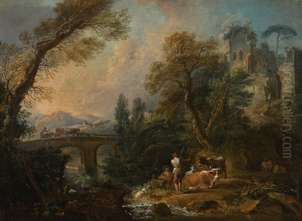 A pastoral landscape with herders and their animals resting beside a river, a bridge beyond Oil Painting by Jacques Nicolas Julliard