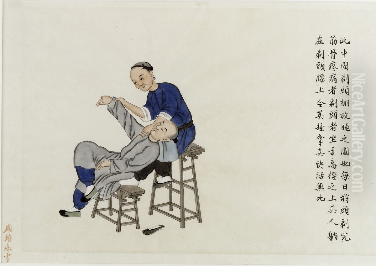A patient receiving manipulative treatment for a pain in the shoulder Oil Painting by unknown