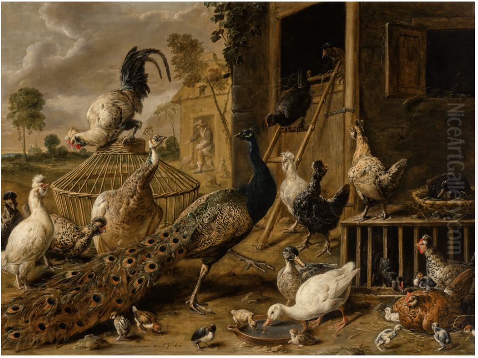 A PEACOCK, A PEAHEN, COCKERELS, HENS, DUCKS, DUCKLINGS AND CHICKS IN A FARMYARD Oil Painting by Adriaen van Utrecht