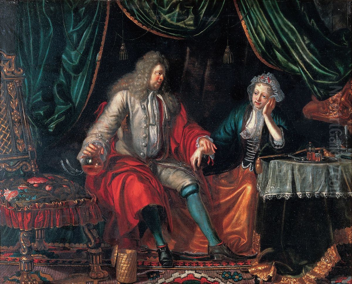 A physician feeling the pulse of a seated woman patient. Oil Painting by Matthijs Naiveu