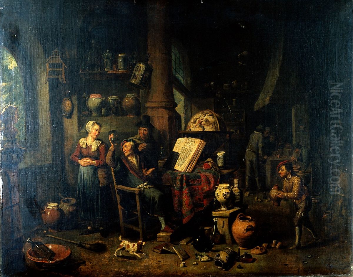 A physician sitting before a table, holding a urine flask, with two women, a boy and several other figures in the room. Oil Painting by Gerard Thomas