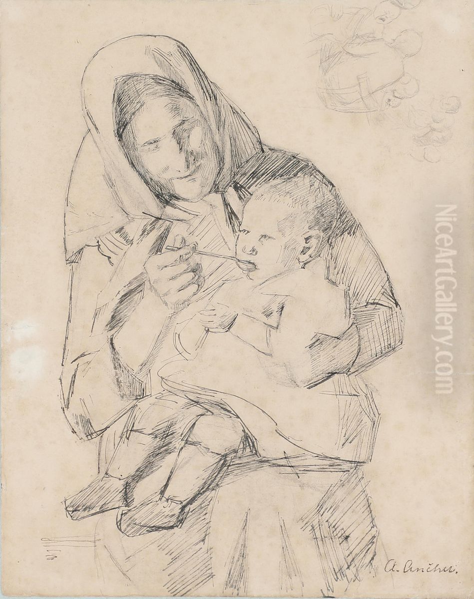 En mor giver sit barn mad. Oil Painting by Anna Ancher