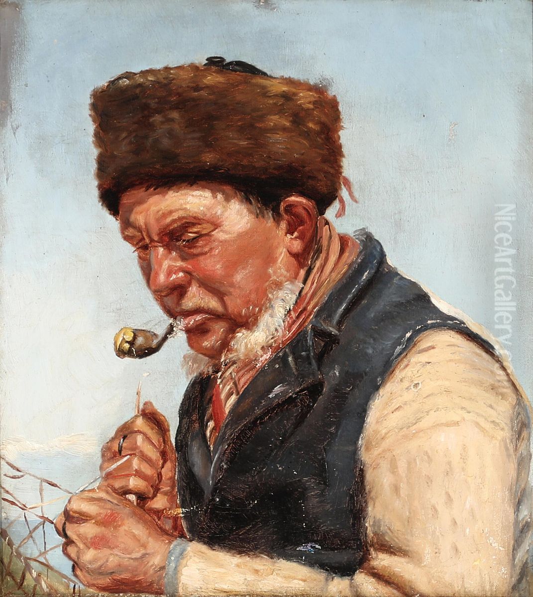 Fisherman Niels Gaihede reparing a fishing net. Oil Painting by Michael Peter Ancher