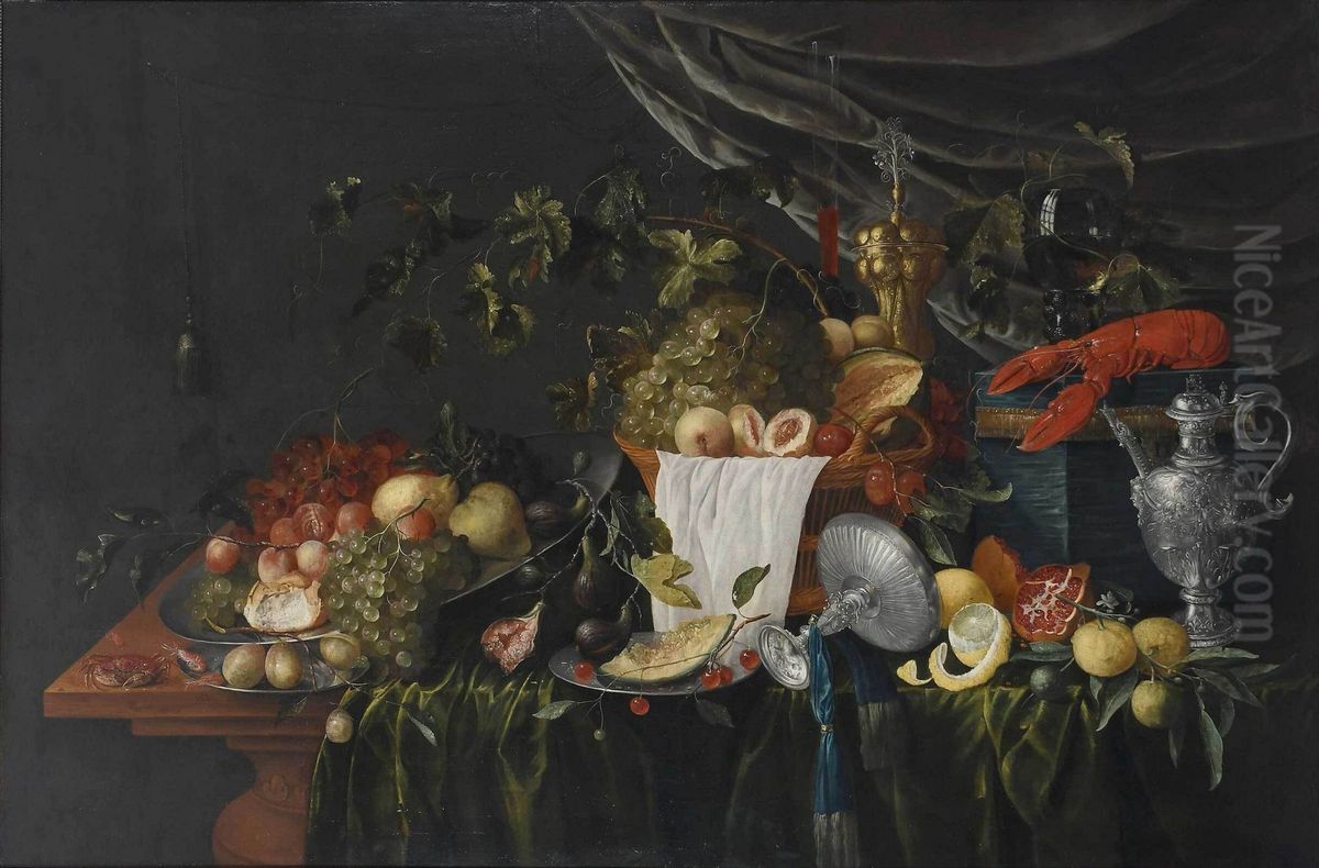 Exuberant large fruit piece with crab, prawns, lobster on a fabric box with roemer, ornate silver tazza, repousse ewer Oil Painting by W. Mertens