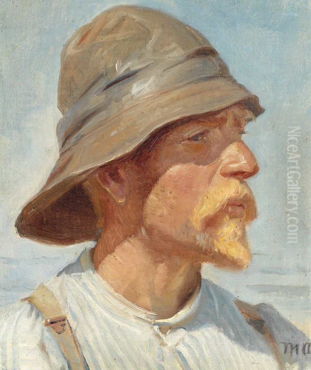 Fisherman from Skagen with sou'wester, striped shirt and suspenders. Oil Painting by Michael Peter Ancher