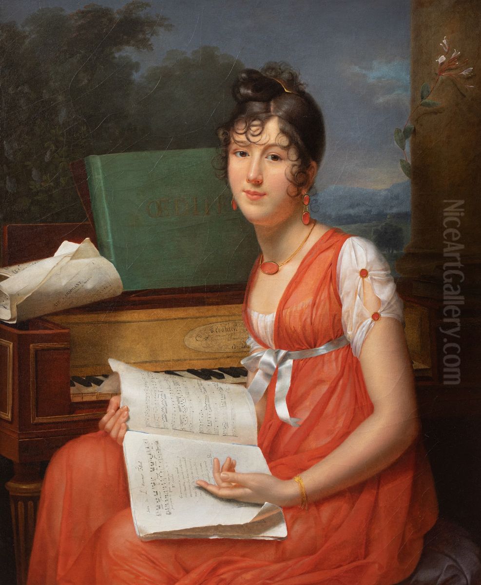 Portrait of a Young Piano Player Holding a Music Score (Miss Thevenet de Montgarrel future Mrs Gillet Ducoudray) Oil Painting by Adele Romany
