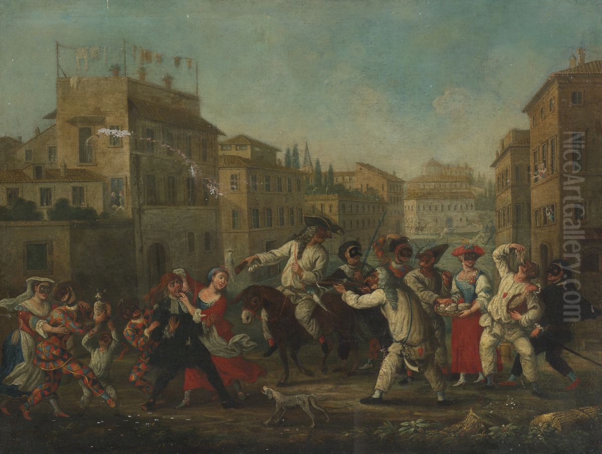 A procession through a town square with figures dressed in Comedia Dell'Arte costumes Oil Painting by unknown