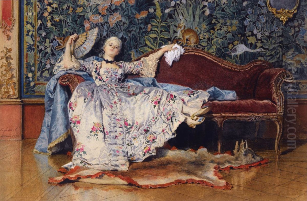 A reclining lady with a fan Oil Painting by unknown