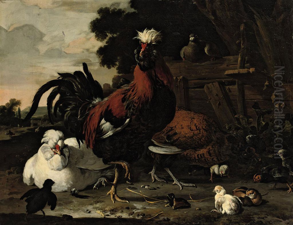 A rooster, hens, chicks and a pigeon near a wood paling in a landscape Oil Painting by Melchior D'Hondecoeter