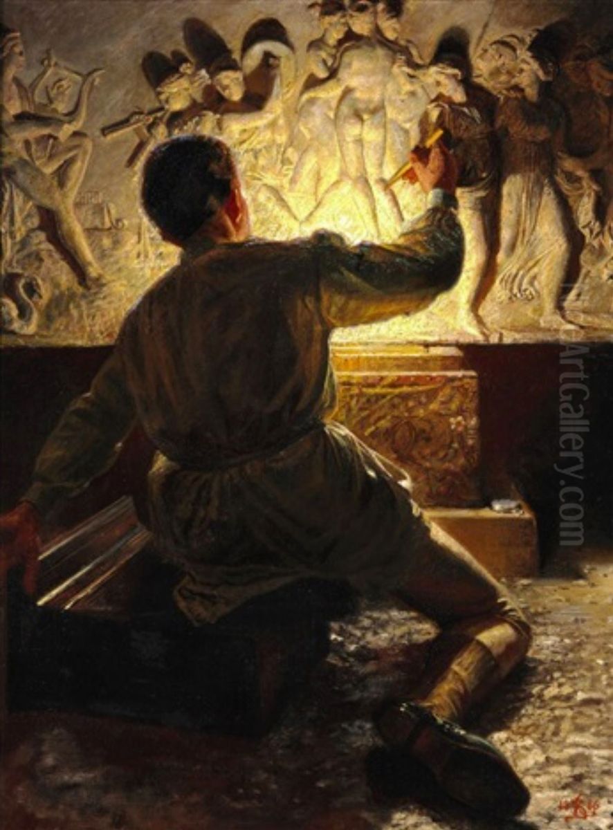 A Roman Plasterer Oil Painting by Kristian Zahrtmann