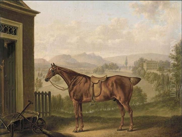 A saddled chestnut hunter in a landscape Oil Painting by Charles Towne