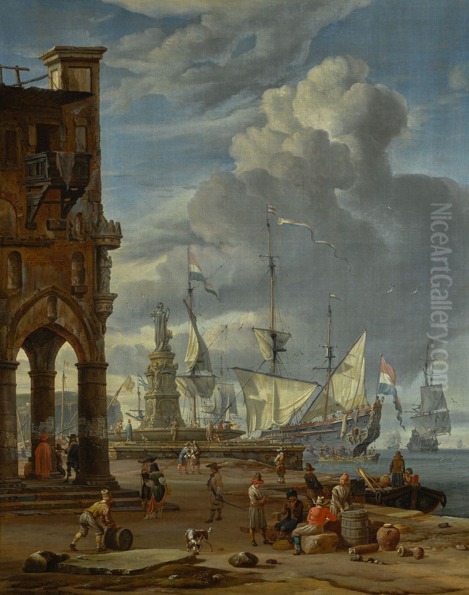 A southern port scene with numerous figures on a quayside Oil Painting by Abraham Storck