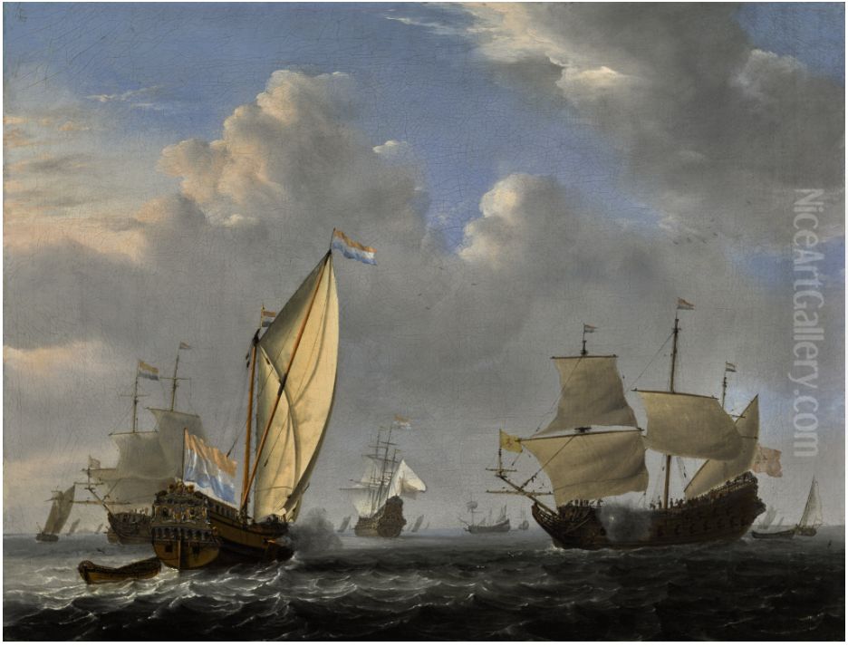 A STATES YACHT FROM THE ADMIRALTY OF AMSTERDAM, BEFORE A MODERATE BREEZE, MEETING A TWO-DECKER Oil Painting by Willem van de Velde the Younger