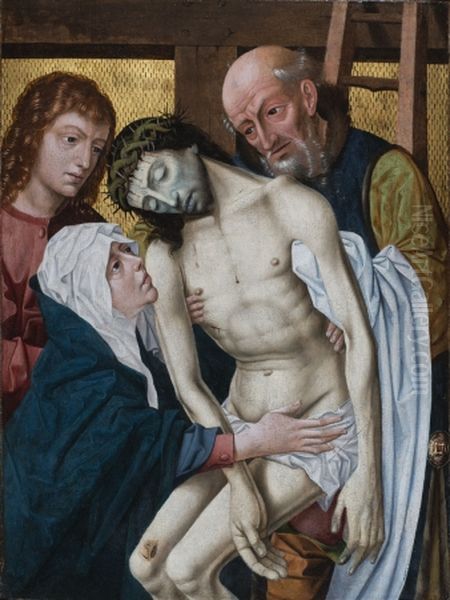 The Descent of The Cross. With the Virgin, St. John and Joseph of Arimathea. Jesus, in the center, is shown to below the knees. Oil Painting by Rogier van der Weyden