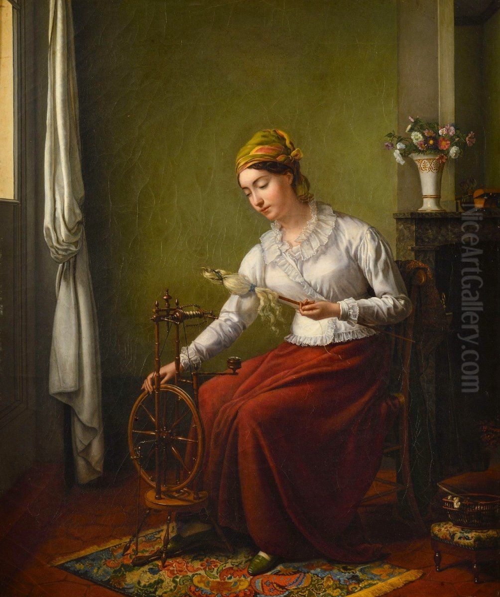 Young woman sitting at a spinning wheel Oil Painting by unknown