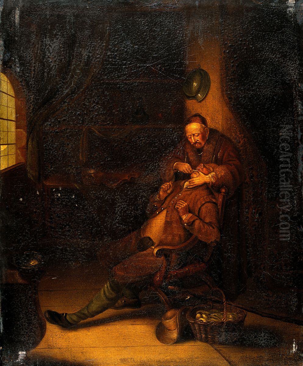 A surgeon extracting a tooth. Oil Painting by Gerrit Dou