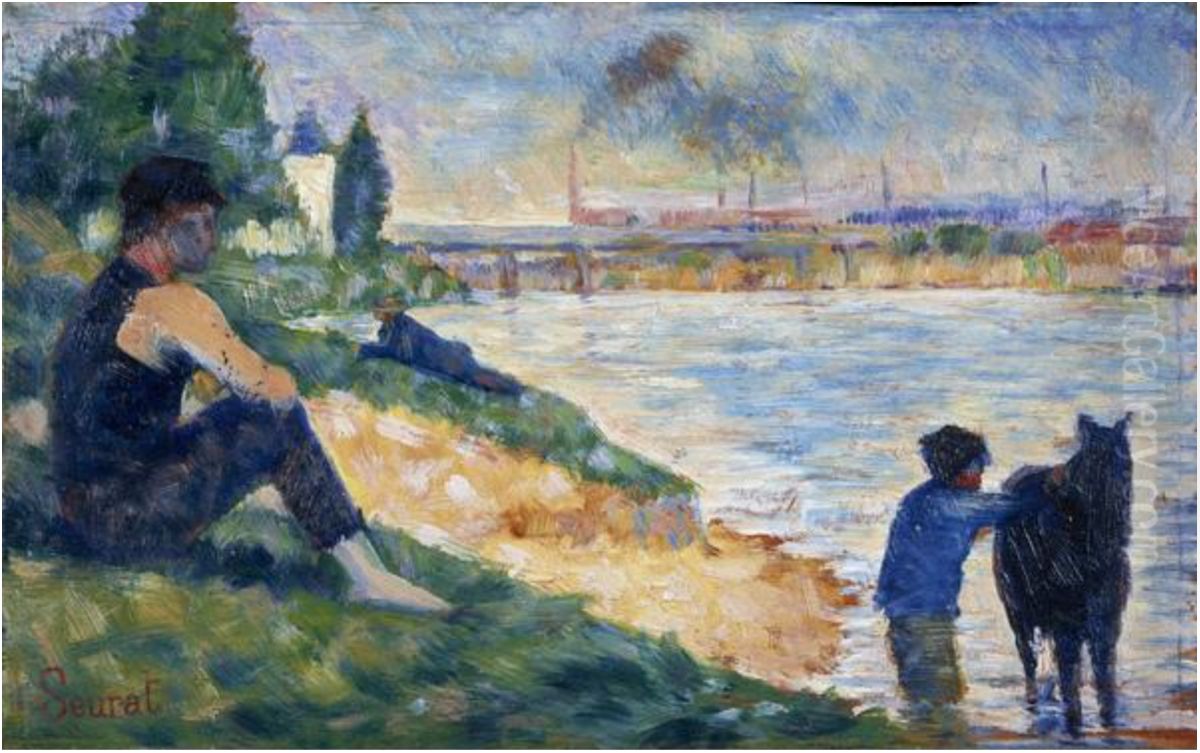 A Study for 'Une Baignade' Oil Painting by Georges Seurat