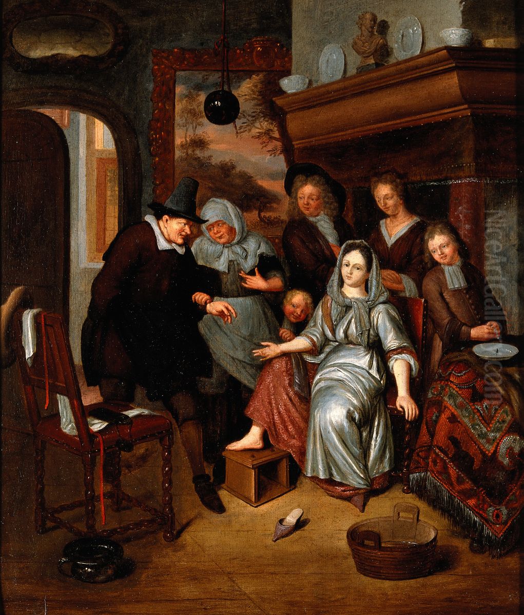 A surgeon preparing to let blood from the foot of a girl, in the presence of five other figures. Oil Painting by Richard Brakenburgh